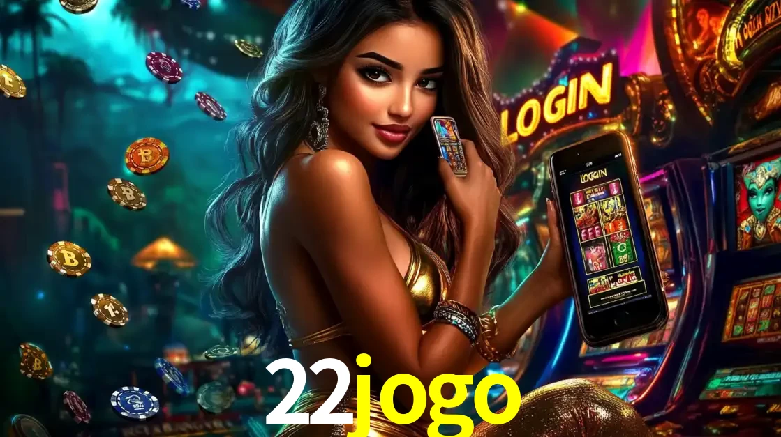 Mulher em um cenário de cassino temático de aventura, mostrando o app de caça-níqueis da 22jogo no celular. Fichas de apostas flutuam ao redor.