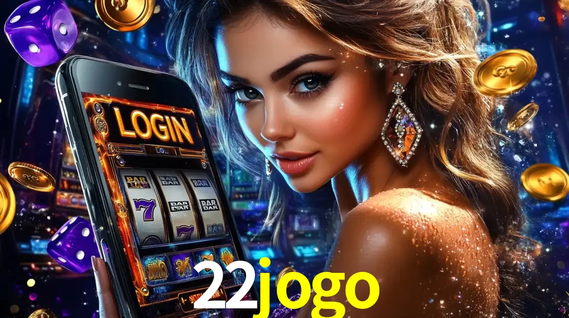 Mulher glamorosa segurando um smartphone com a tela de login para os jogos de caça-níqueis do cassino online 22jogo, com moedas de ouro e dados ao redor.