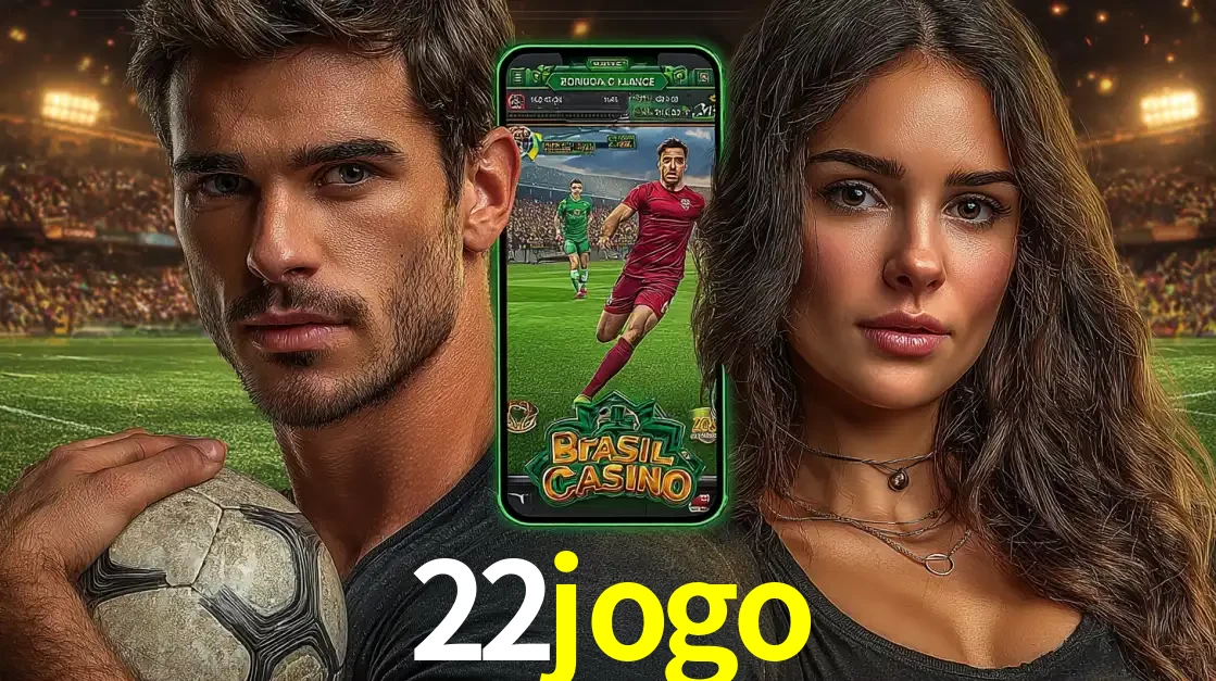 Homem segurando uma bola de futebol e uma mulher ao lado de um smartphone exibindo o jogo de apostas esportivas da 22jogo. Faça seu palpite no cassino online.